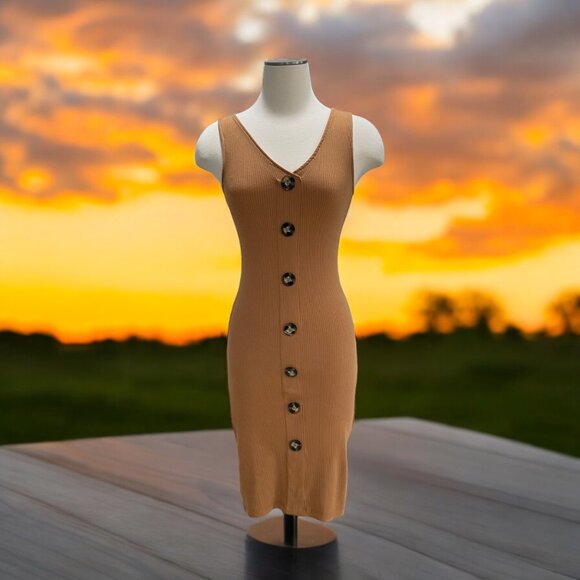 Derek Heart Tan Ribbed Button Front Dress S Bodycon Summer Beach Vibes Casual - Picture 1 of 8